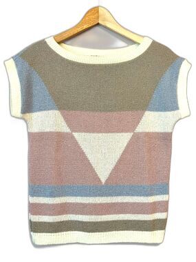 Vintage Cuddle Knit Geometric Sweater Small 70s Pink Blue Granny Cottagecore